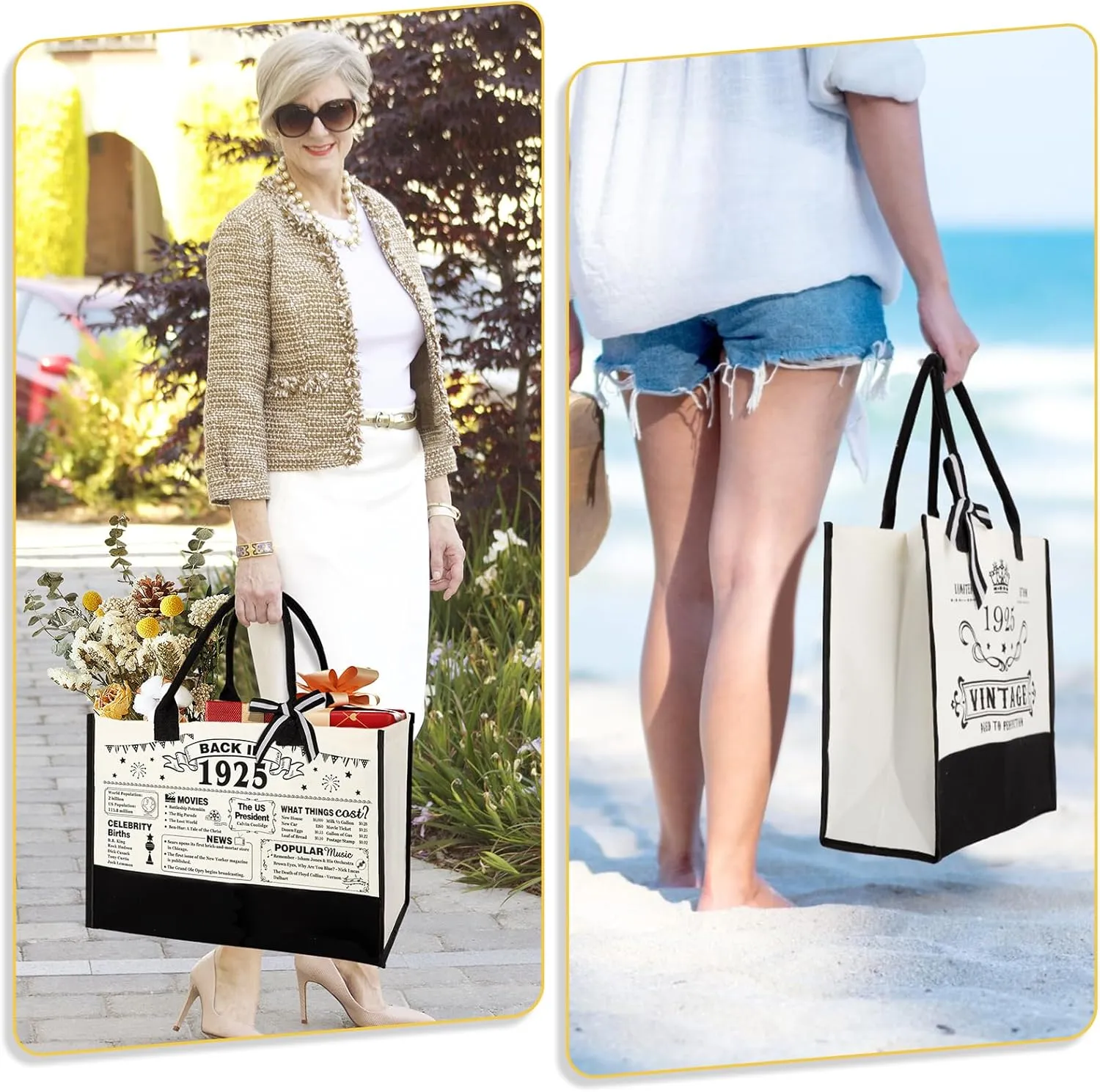 100th Birthday Gifts for Women Canvas Tote Bag Travel Gear, Unique 100 Years Old Birthday Gifts for Mom Wife Aunt Friends Her, Vintage 1925 Handbag & Cosmetic Bag & Back in 1925 Poster