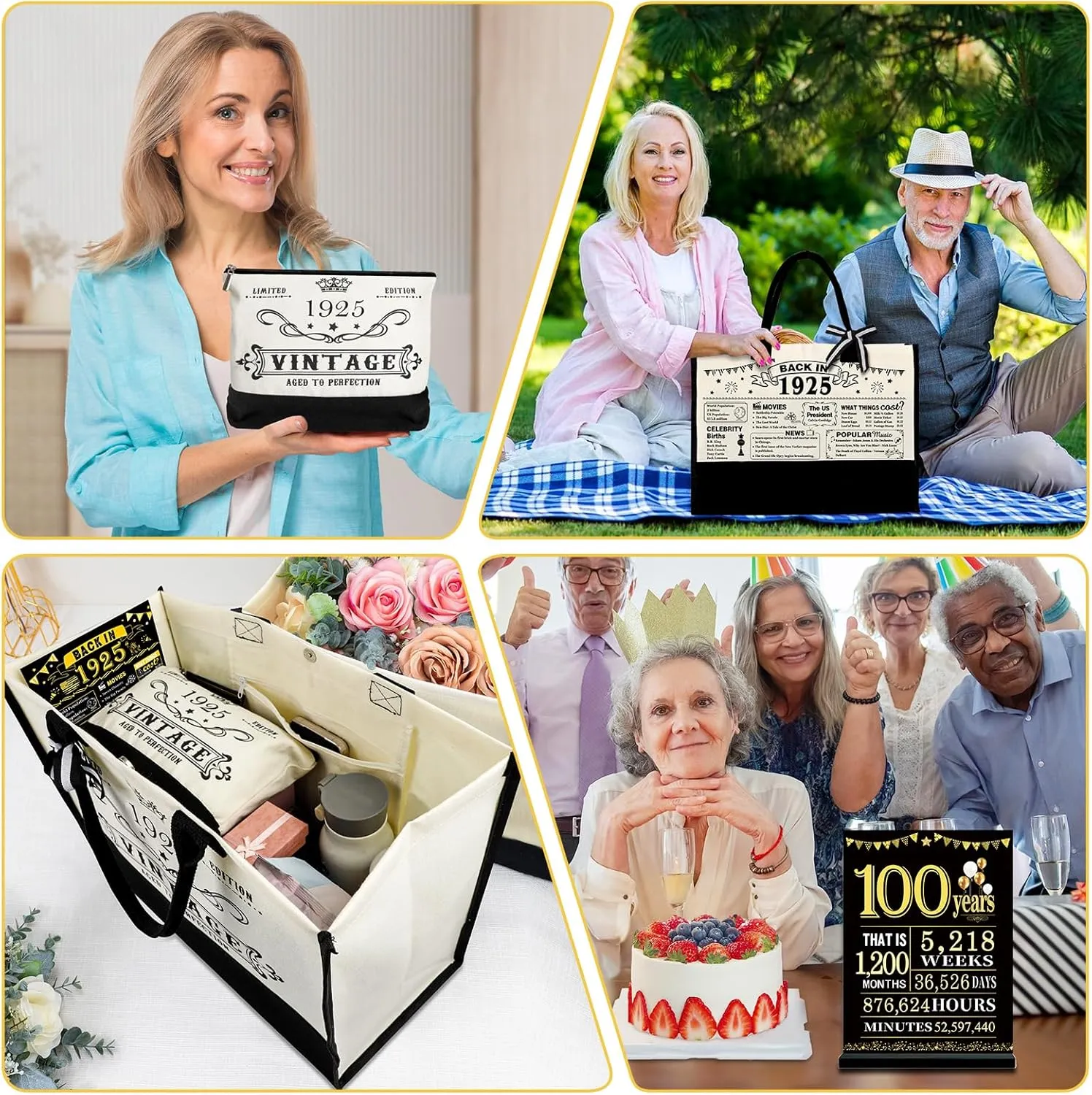 100th Birthday Gifts for Women Canvas Tote Bag Travel Gear, Unique 100 Years Old Birthday Gifts for Mom Wife Aunt Friends Her, Vintage 1925 Handbag & Cosmetic Bag & Back in 1925 Poster