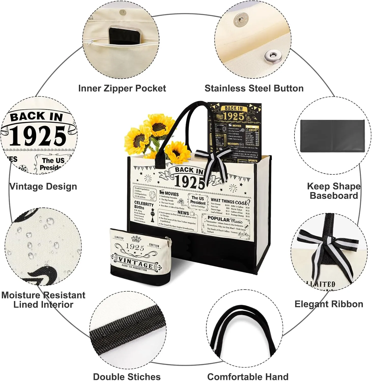 100th Birthday Gifts for Women Canvas Tote Bag Travel Gear, Unique 100 Years Old Birthday Gifts for Mom Wife Aunt Friends Her, Vintage 1925 Handbag & Cosmetic Bag & Back in 1925 Poster