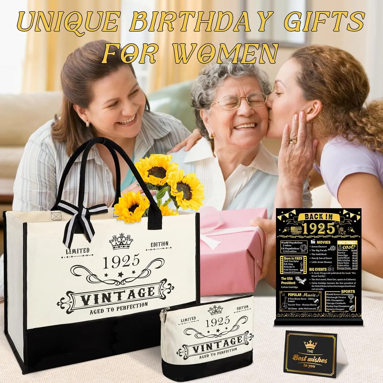 100th Birthday Gifts for Women Canvas Tote Bag Travel Gear, Unique 100 Years Old Birthday Gifts for Mom Wife Aunt Friends Her, Vintage 1925 Handbag & Cosmetic Bag & Back in 1925 Poster