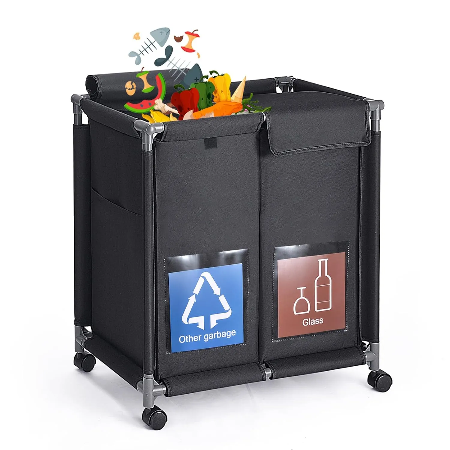 110L Large Recycling Bin with Lid,Recyclable Waste Trash Sorting Organizer for Kitchen with 2 Display Pockets