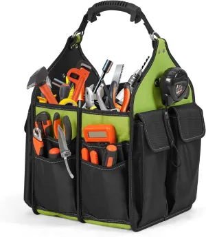 12inch Open Top Tool Bag 21 Pockets, Tool Tote Bag Caddy with Handle and Adjustable Strap, Tool Bag Organizer for Men Construction Electrician Garden