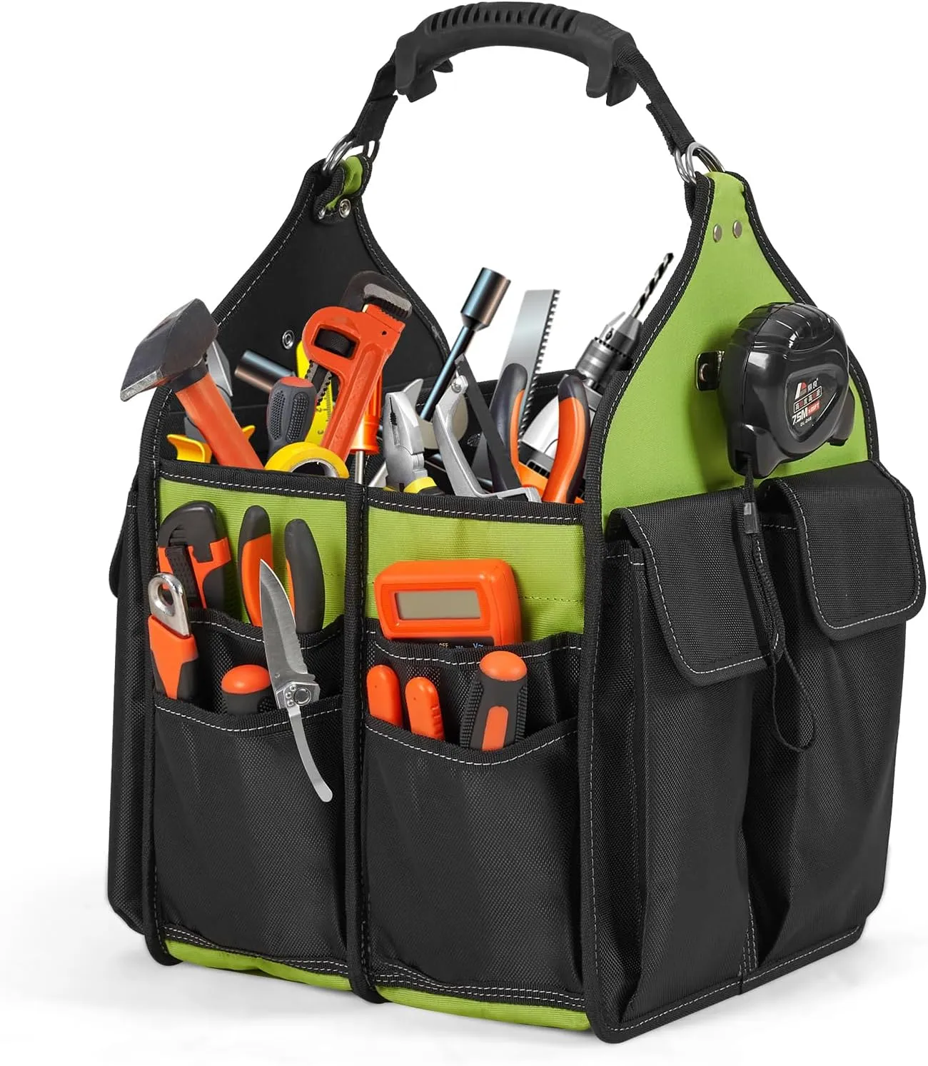 12inch Open Top Tool Bag 21 Pockets, Tool Tote Bag Caddy with Handle and Adjustable Strap, Tool Bag Organizer for Men Construction Electrician Garden