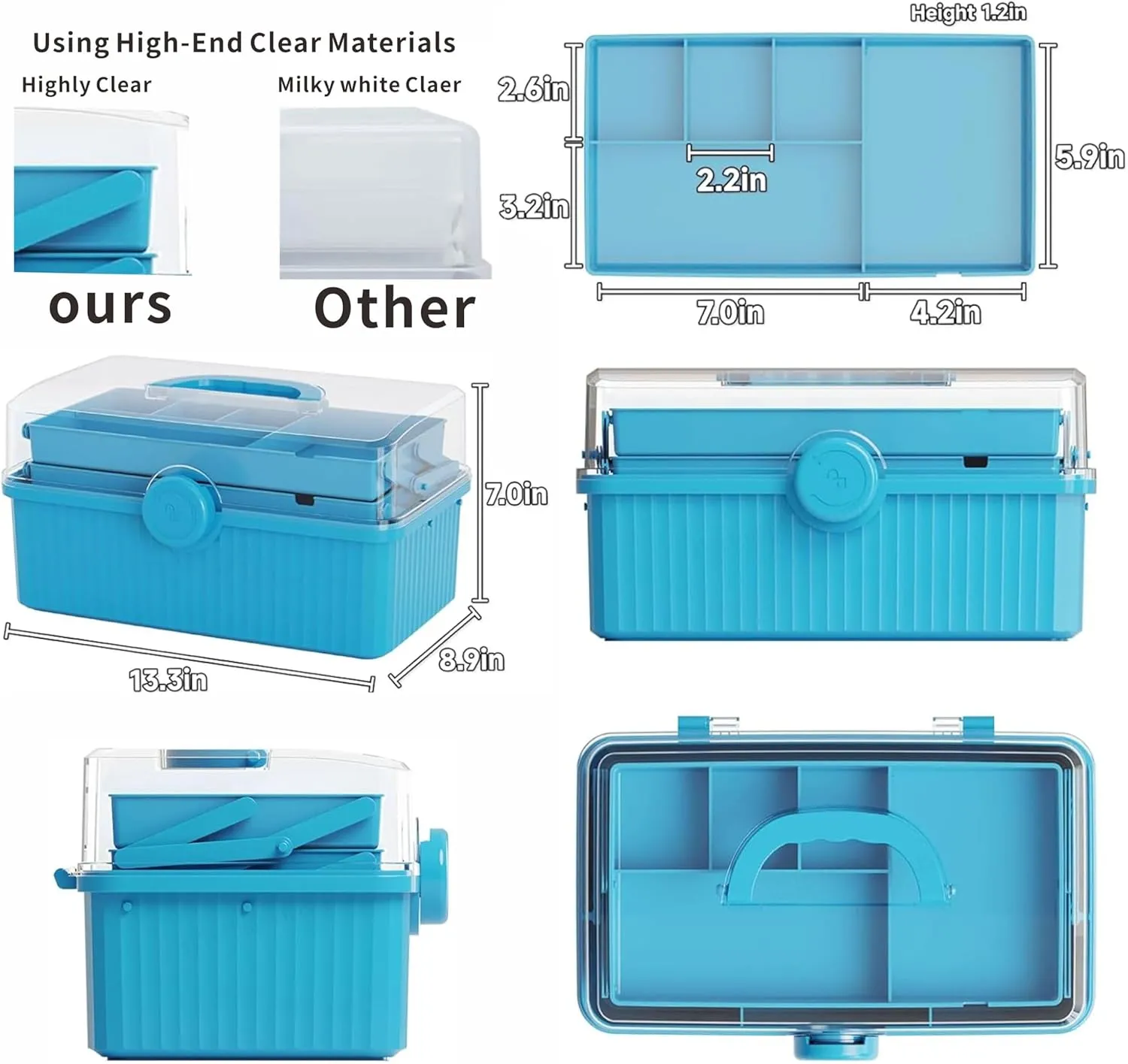 13in 3-Layer Plastic Craft Box with Handle, Multipurpose Storage Box for Art, Hair & Sewing Supplies, Portable Medication Organizer, Blue
