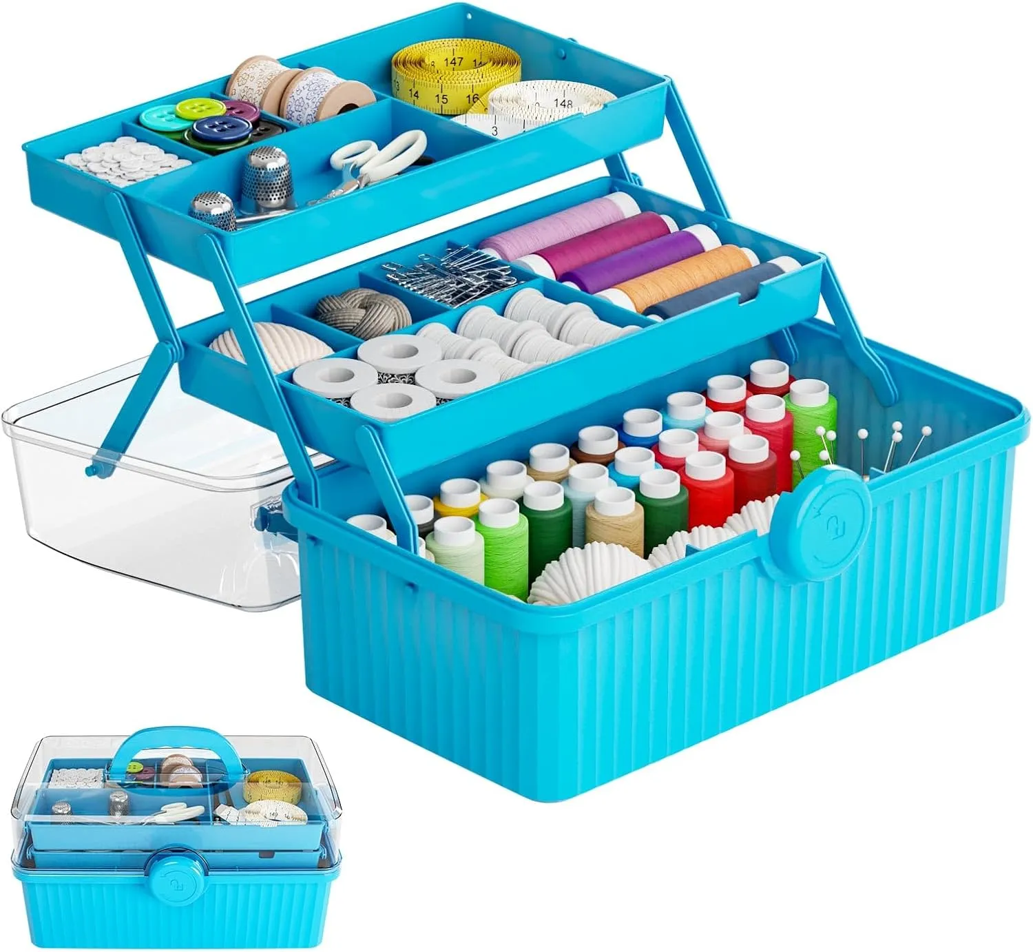 13in 3-Layer Plastic Craft Box with Handle, Multipurpose Storage Box for Art, Hair & Sewing Supplies, Portable Medication Organizer, Blue