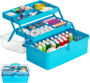13in 3-Layer Plastic Craft Box with Handle, Multipurpose Storage Box for Art, Hair & Sewing Supplies, Portable Medication Organizer, Blue