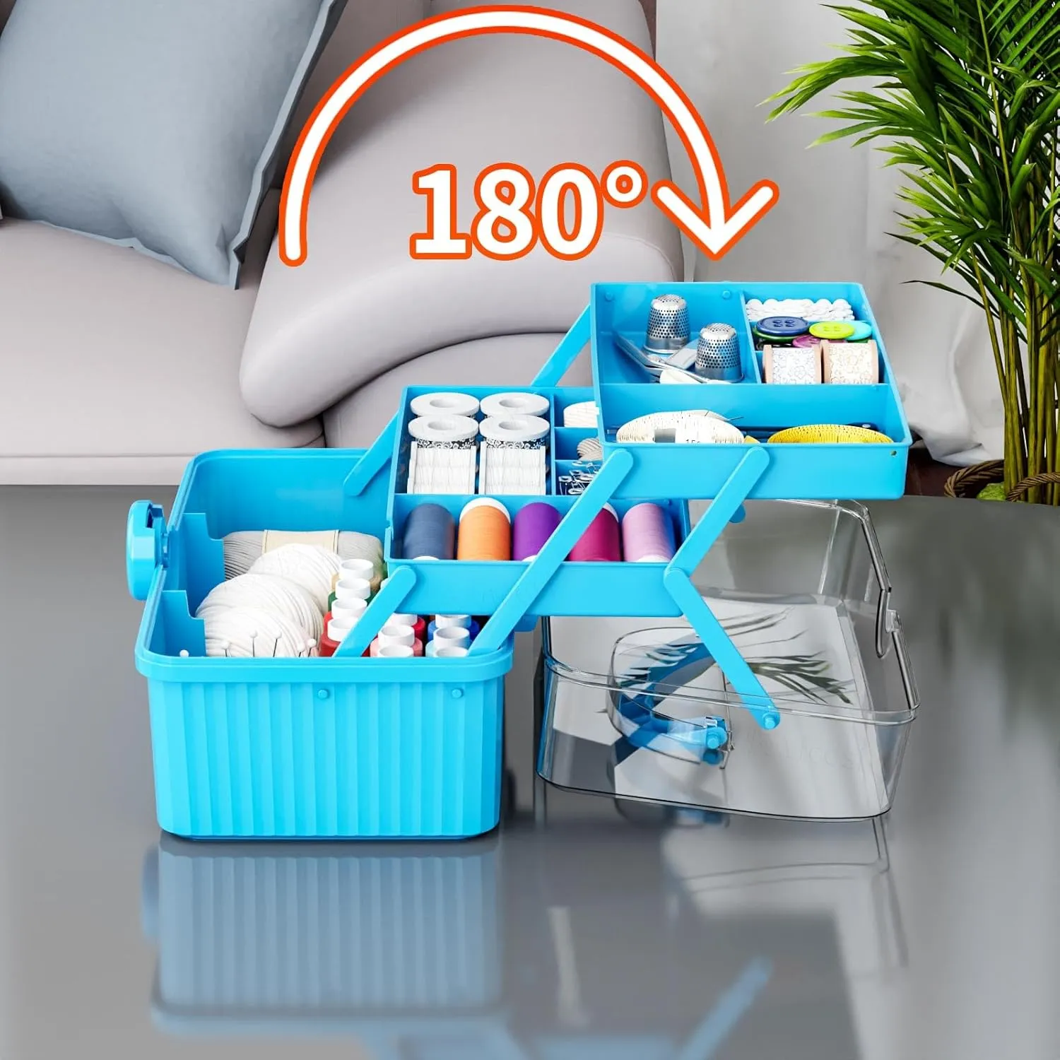 13in 3-Layer Plastic Craft Box with Handle, Multipurpose Storage Box for Art, Hair & Sewing Supplies, Portable Medication Organizer, Blue