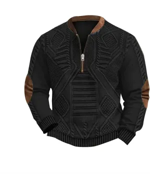 1/4 Zip Pullover Mens Stand Collar Sweatshirt Aztec Knit-Pattern Top Fall Western Vintage Long Sleeve Sweatshirt