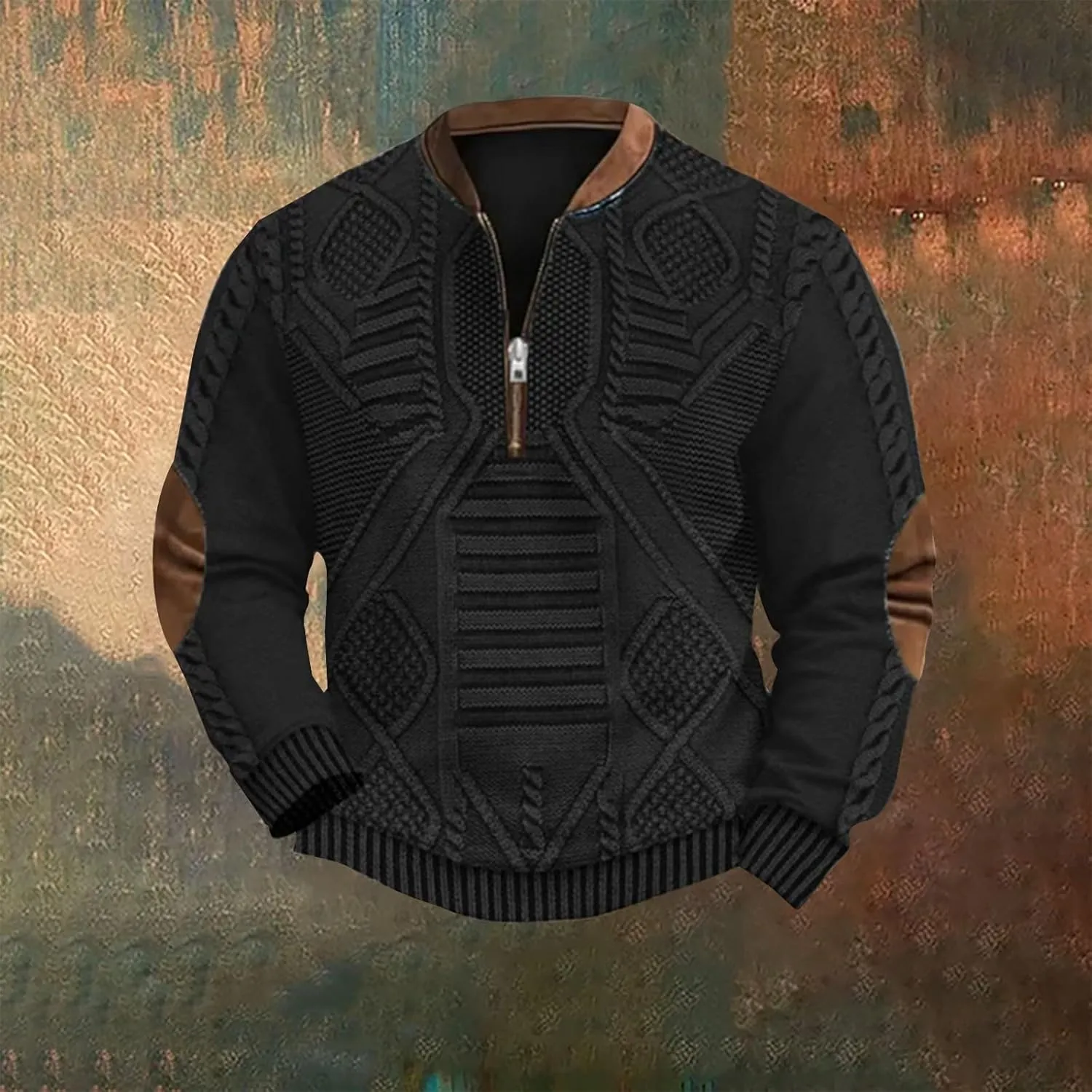 1/4 Zip Pullover Mens Stand Collar Sweatshirt Aztec Knit-Pattern Top Fall Western Vintage Long Sleeve Sweatshirt
