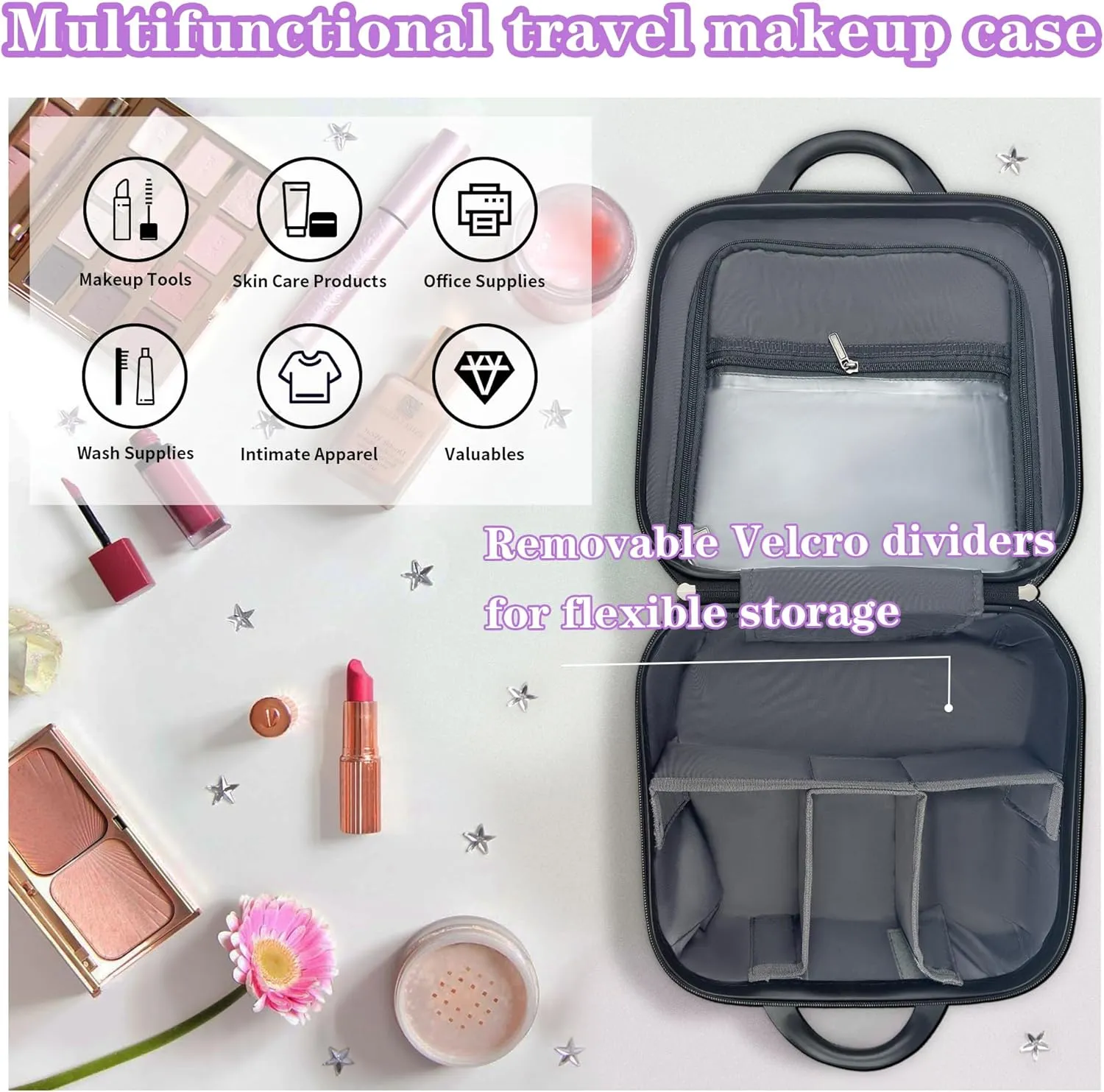 14" Portable Hard Shell Makeup Travel Case - Stylish PC ABS Cosmetic Organizer for Women - Scratch-Resistant, Elastic Strap, Mini Suitcase - Perfect for Romantic Gifts（Arctic White）