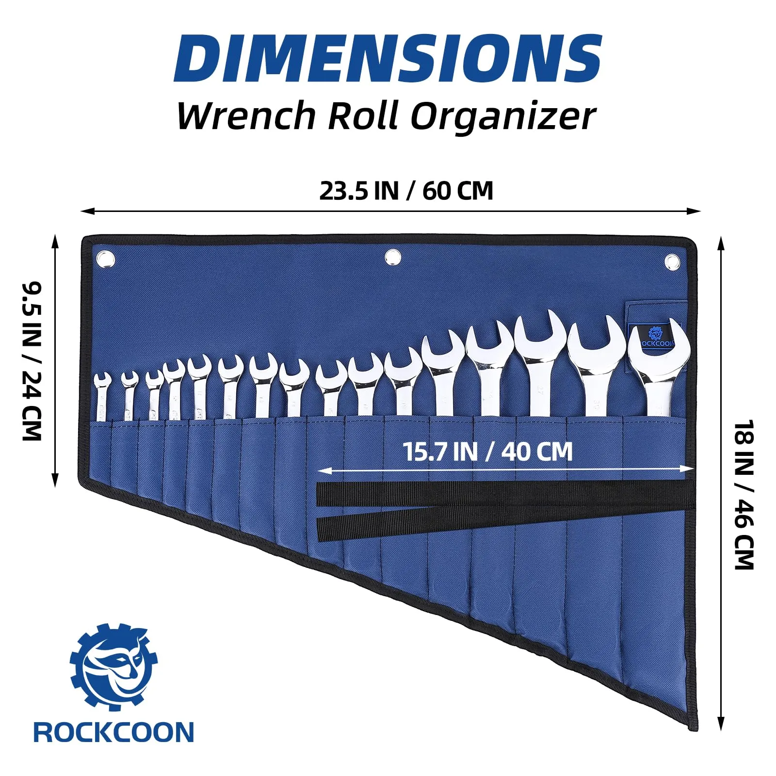 16 Pockets Wrench Roll Organizer, Rolled Tool Pouch Bag with Water Proof Oxford Cloth, Blue