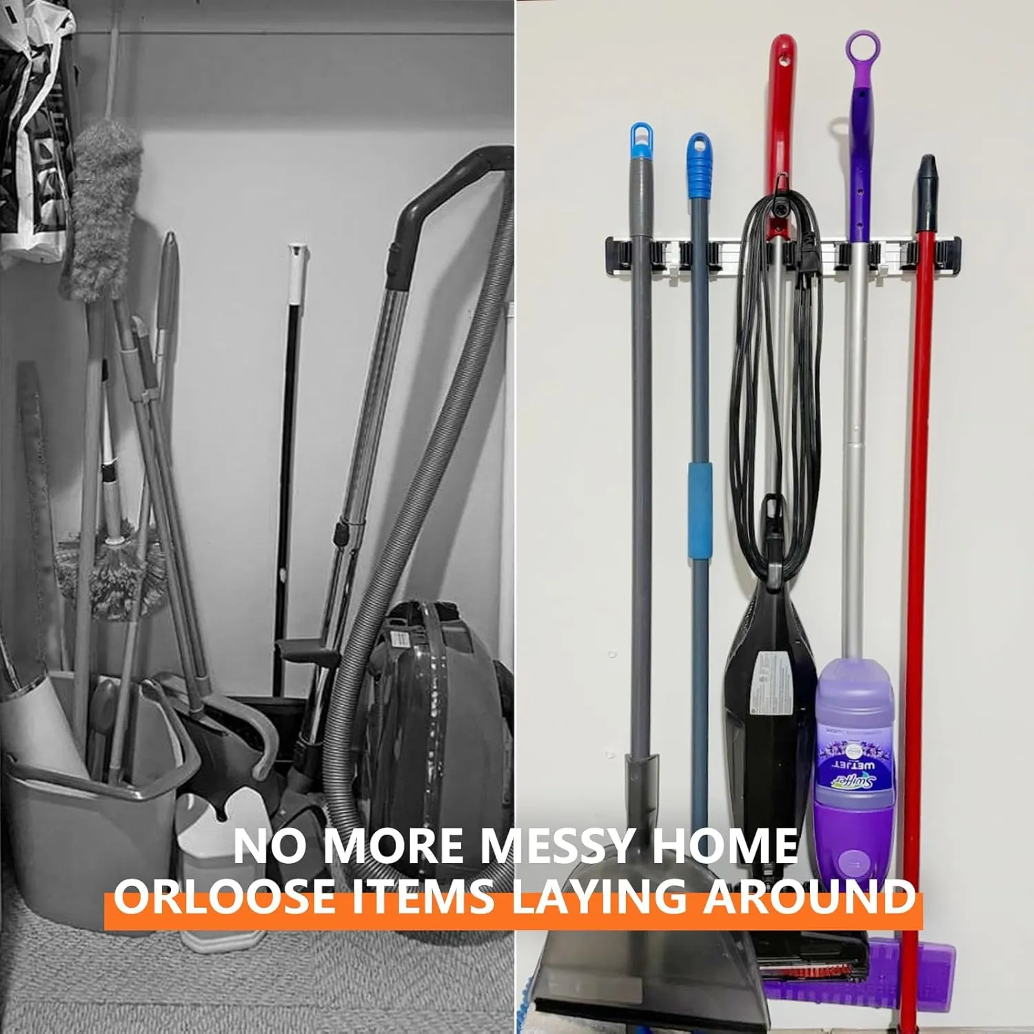 2 Pack Broom Holder Wall Mount Mop and Broom Hanger Wall Mounted Garage Storage Rack Kitchen Garden Tool Organizer (5 Racks with 4 Hooks, Black)