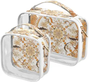 2 Pack clear Vintage Flower Pattern Orange travel bag toiletry TSA approved water-resistant cosmetic travel bag essential