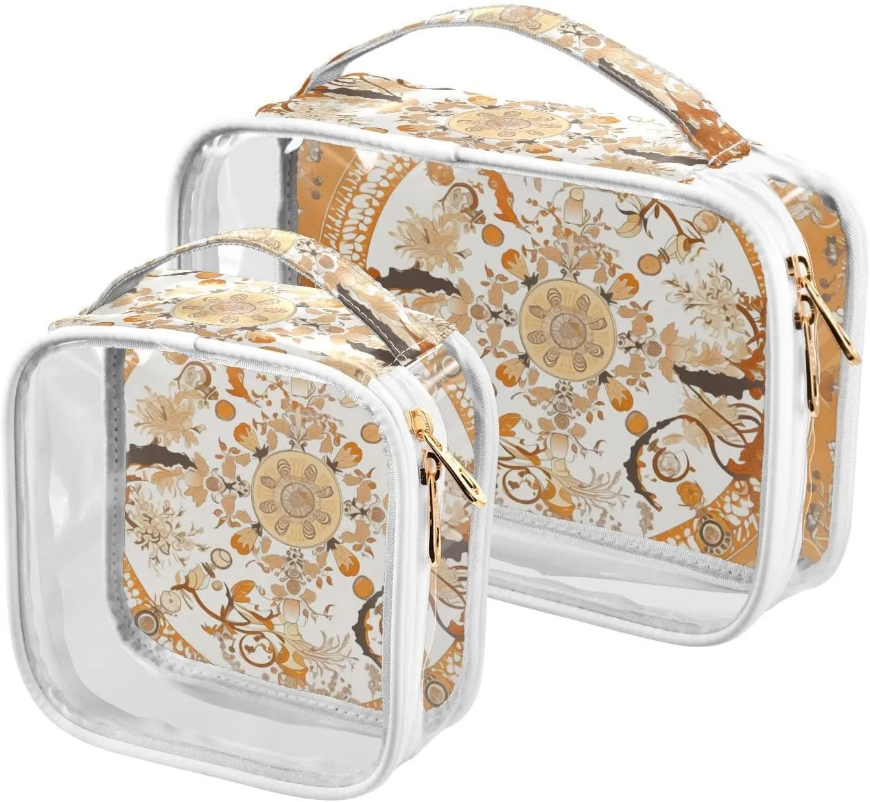 2 Pack clear Vintage Flower Pattern Orange travel bag toiletry TSA approved water-resistant cosmetic travel bag essential