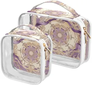2 Pack clear Vintage Flower Pattern Purple and Beige hanging toiletry bags TSA approved portable travel makeup bag Airport Airline Compliant