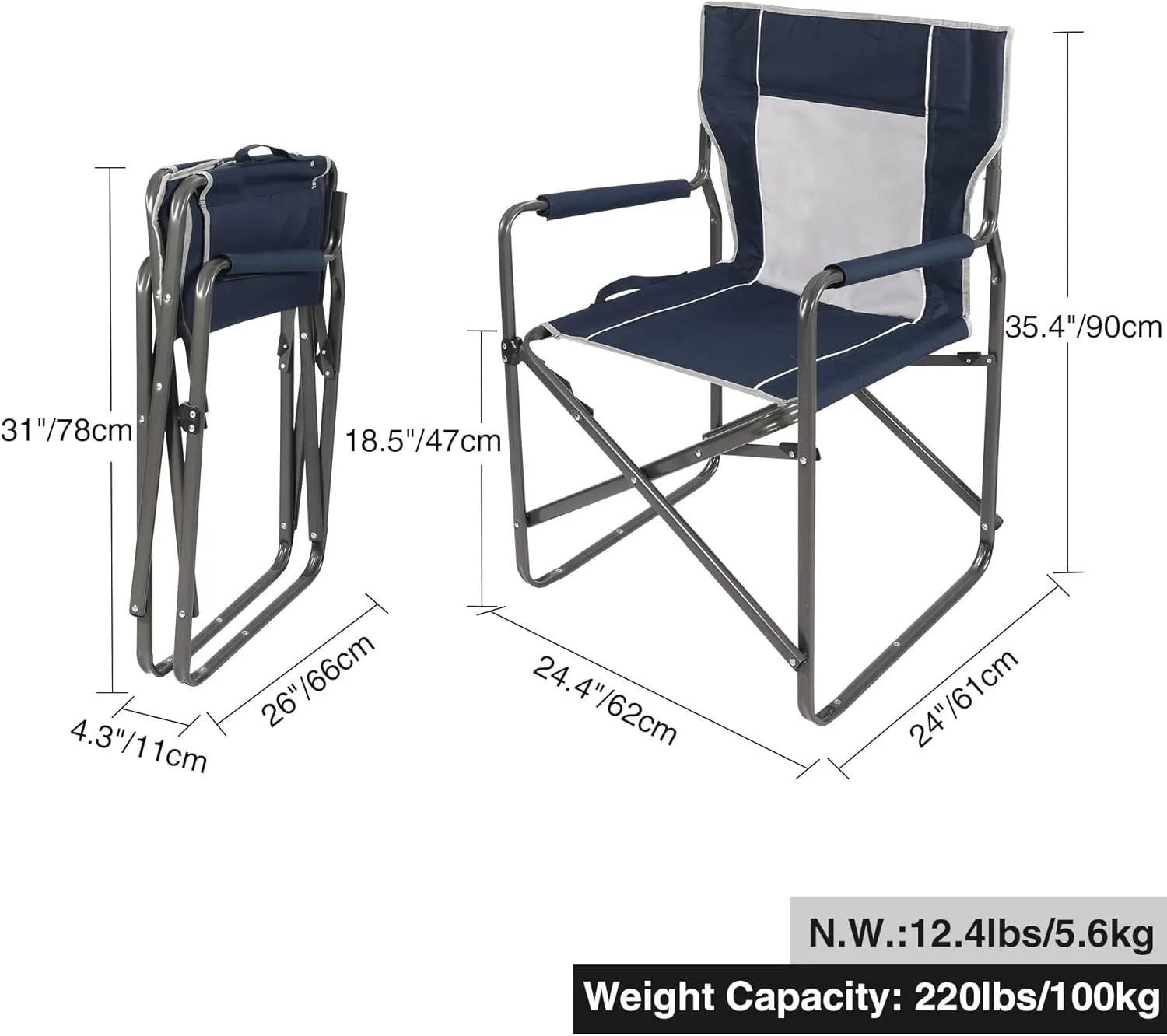 2 Pack Steel Folding Director Chairs for Adults, Portable Lightweight Camping Chair Heavy Duty Outdoor Indoor for Patio Lawn Travel Sports Fishing, Navy Blue