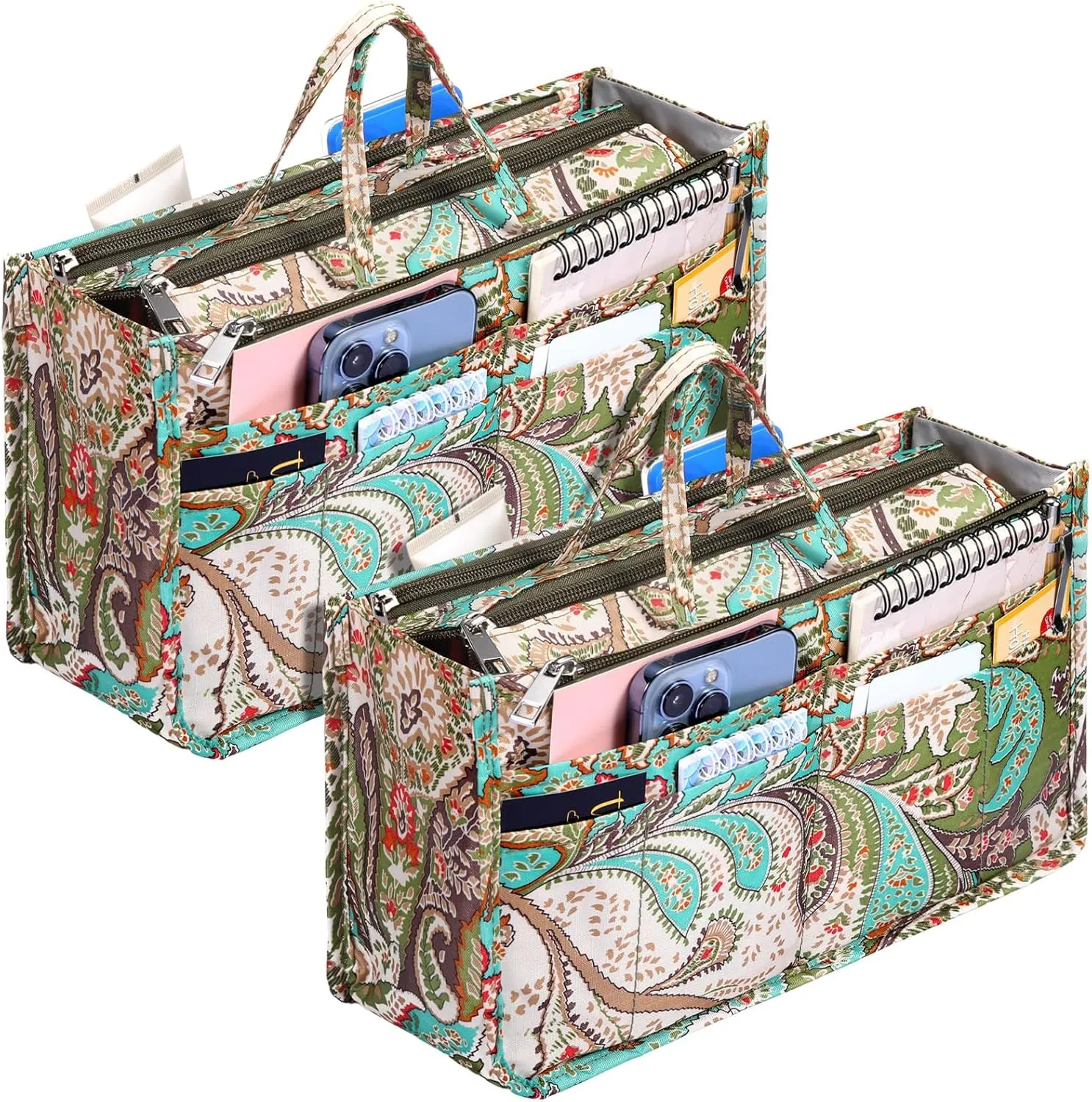 2 Pcs Printing Handbag Organizers Peacock Flower Purse Tote Organizer Insert Liner Bag with 13 Pockets, High Capacity, for Women Tote, Handbag Organizer