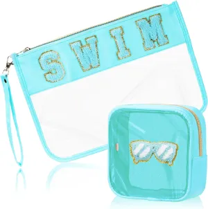 2 Pcs Swim Bag Cosmetic Makeup Bag with Chenille Letter Patch, Clear Pouch PVC Organizer Purse, Waterproof Travel Beach Bag, Portable Toiletry Storage Bag