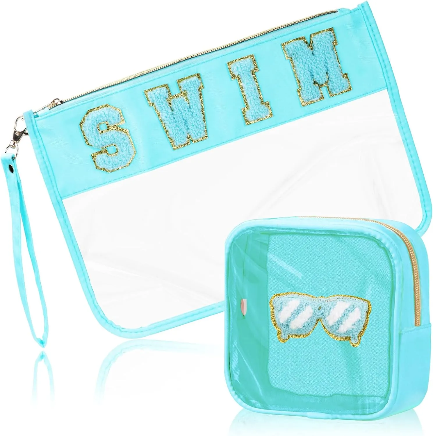 2 Pcs Swim Bag Cosmetic Makeup Bag with Chenille Letter Patch, Clear Pouch PVC Organizer Purse, Waterproof Travel Beach Bag, Portable Toiletry Storage Bag