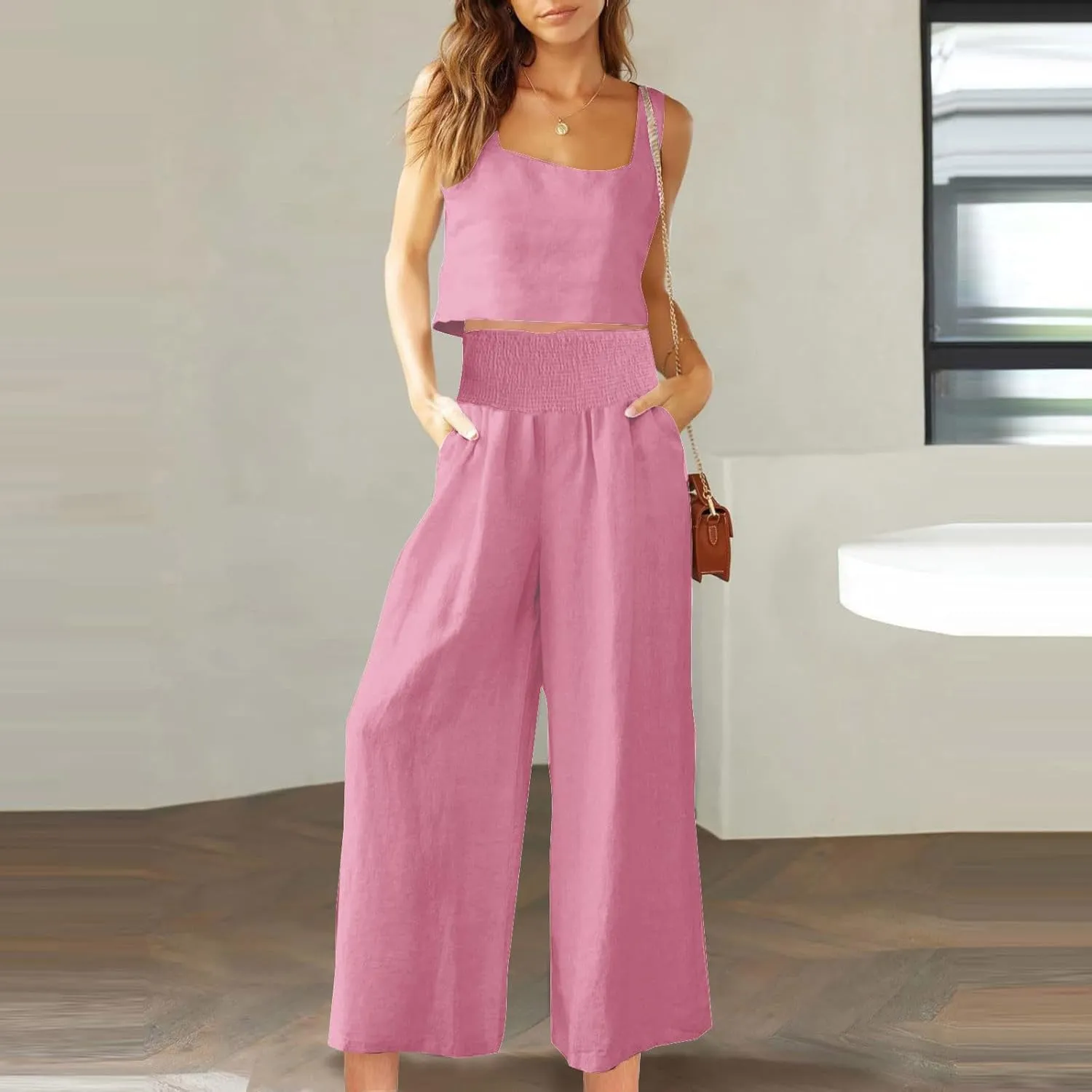 2 Piece Sets For Women Summer 2024 Cotton Linen Crop Tank Top & Wide Leg Pants Matching Set Beach Vacation Outfits