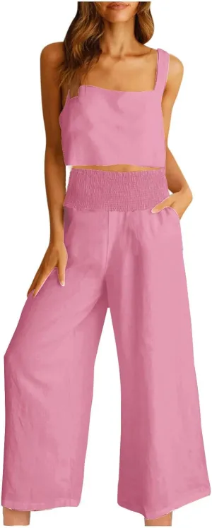 2 Piece Sets For Women Summer 2024 Cotton Linen Crop Tank Top & Wide Leg Pants Matching Set Beach Vacation Outfits