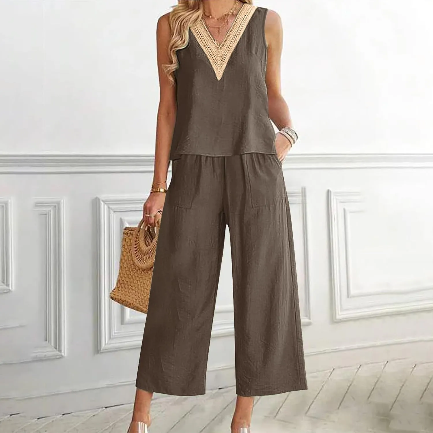 2 Piece Summer Sets For Women Cotton Linen Beach Vacation Outfits 2024 v Neck Crop Top Wide Leg Capri Pants Set