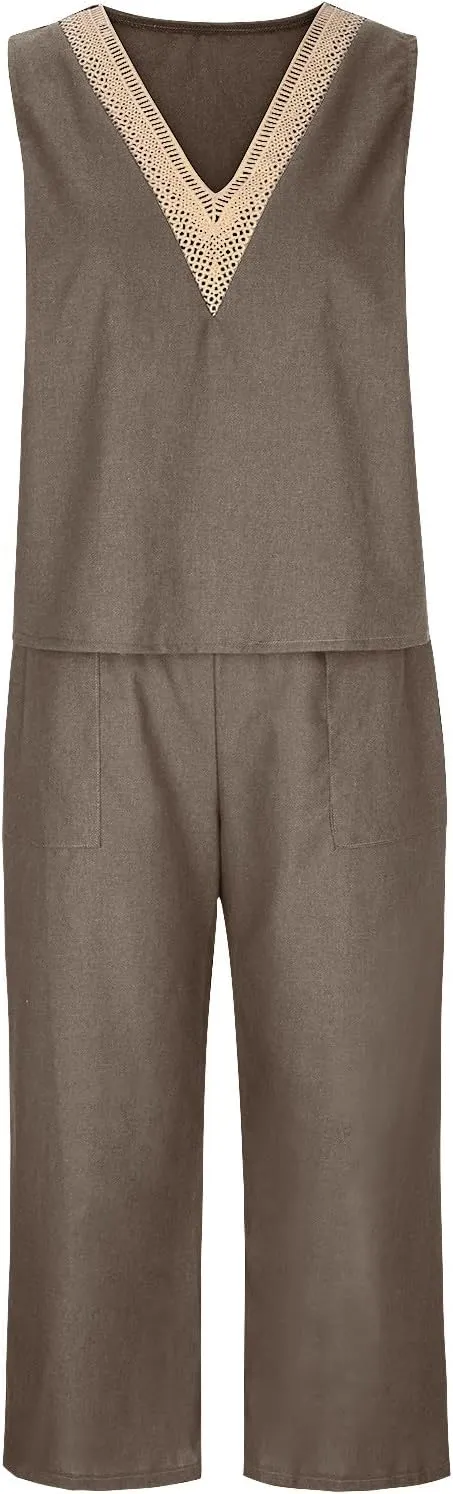 2 Piece Summer Sets For Women Cotton Linen Beach Vacation Outfits 2024 v Neck Crop Top Wide Leg Capri Pants Set