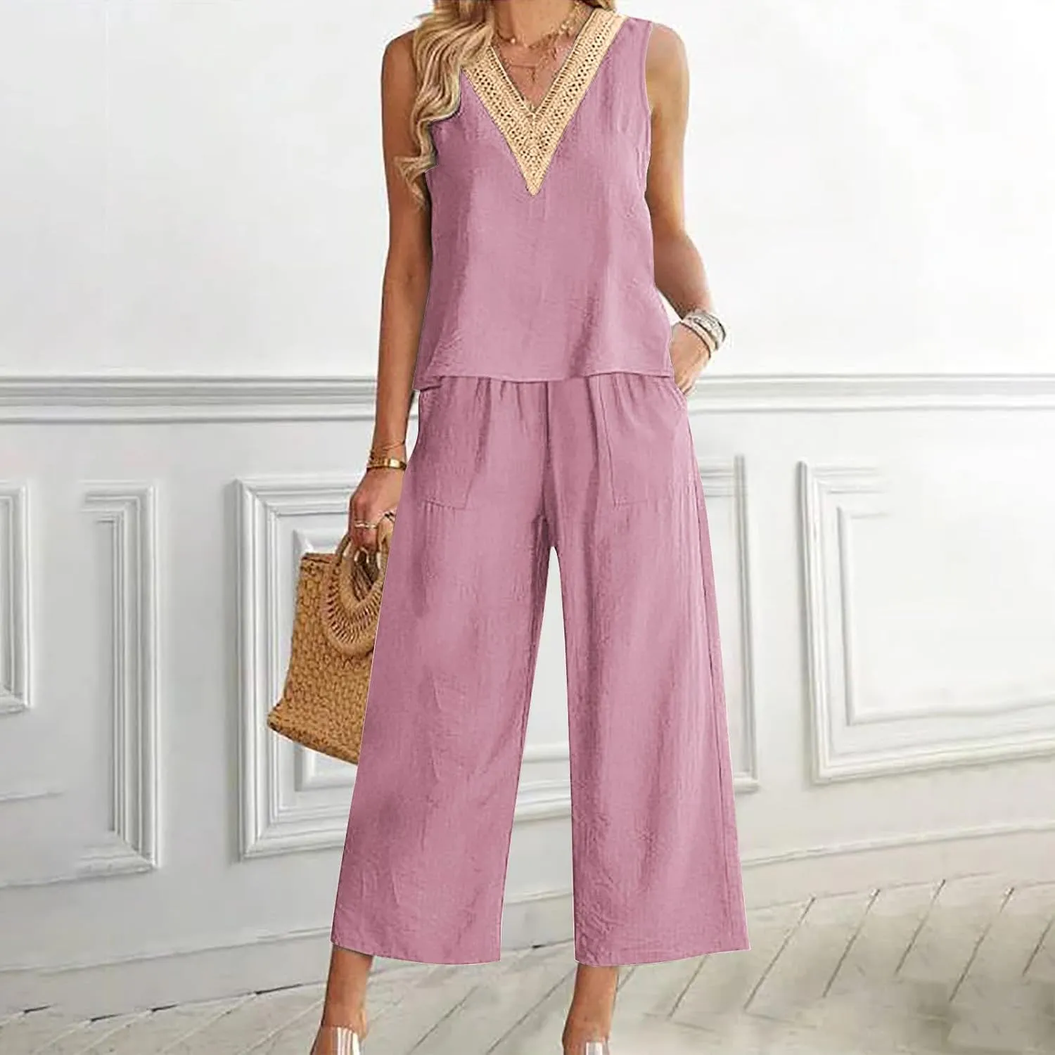 2 Piece Summer Sets For Women Cotton Linen Beach Vacation Outfits 2024 v Neck Crop Top Wide Leg Capri Pants Set
