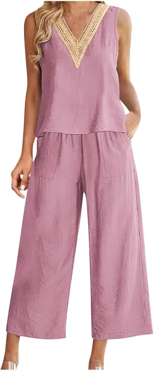 2 Piece Summer Sets For Women Cotton Linen Beach Vacation Outfits 2024 v Neck Crop Top Wide Leg Capri Pants Set