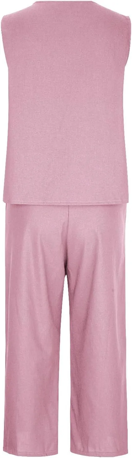 2 Piece Summer Sets For Women Cotton Linen Beach Vacation Outfits 2024 v Neck Crop Top Wide Leg Capri Pants Set