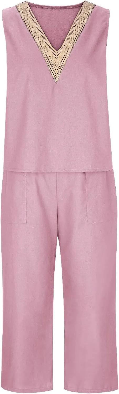 2 Piece Summer Sets For Women Cotton Linen Beach Vacation Outfits 2024 v Neck Crop Top Wide Leg Capri Pants Set