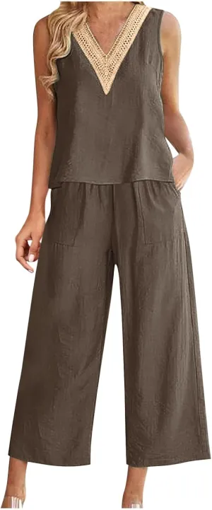 2 Piece Summer Sets For Women Cotton Linen Beach Vacation Outfits 2024 v Neck Crop Top Wide Leg Capri Pants Set