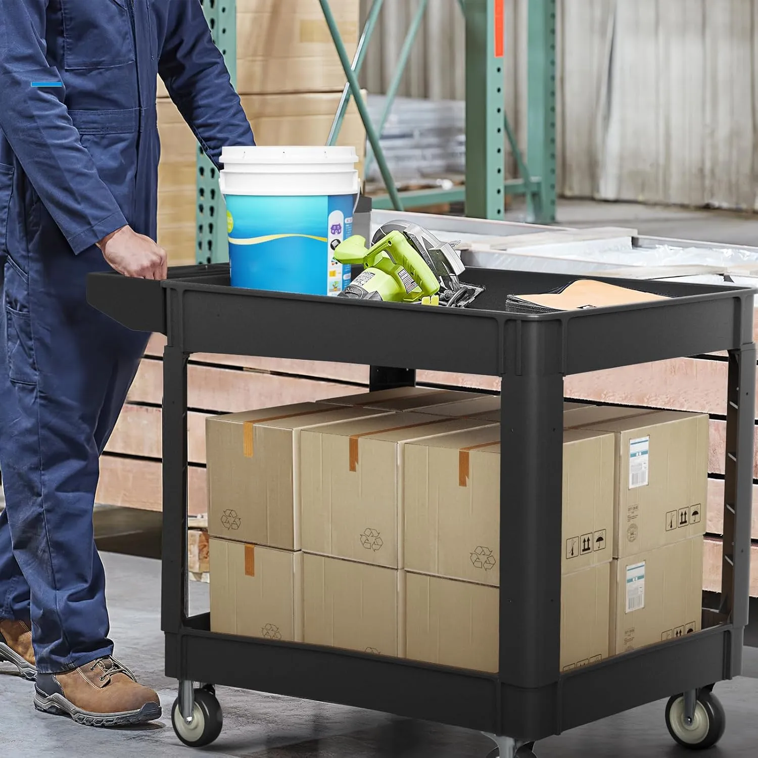 2 Tier Plastic Rolling Cart Utility Cart on Wheels, Heavy Duty Tool Carts with Ergonomic Storage Handle and Deep Shelfs, Work Cart Service Carts for Garage, Warehouse, Workshop, Office, Cleaning