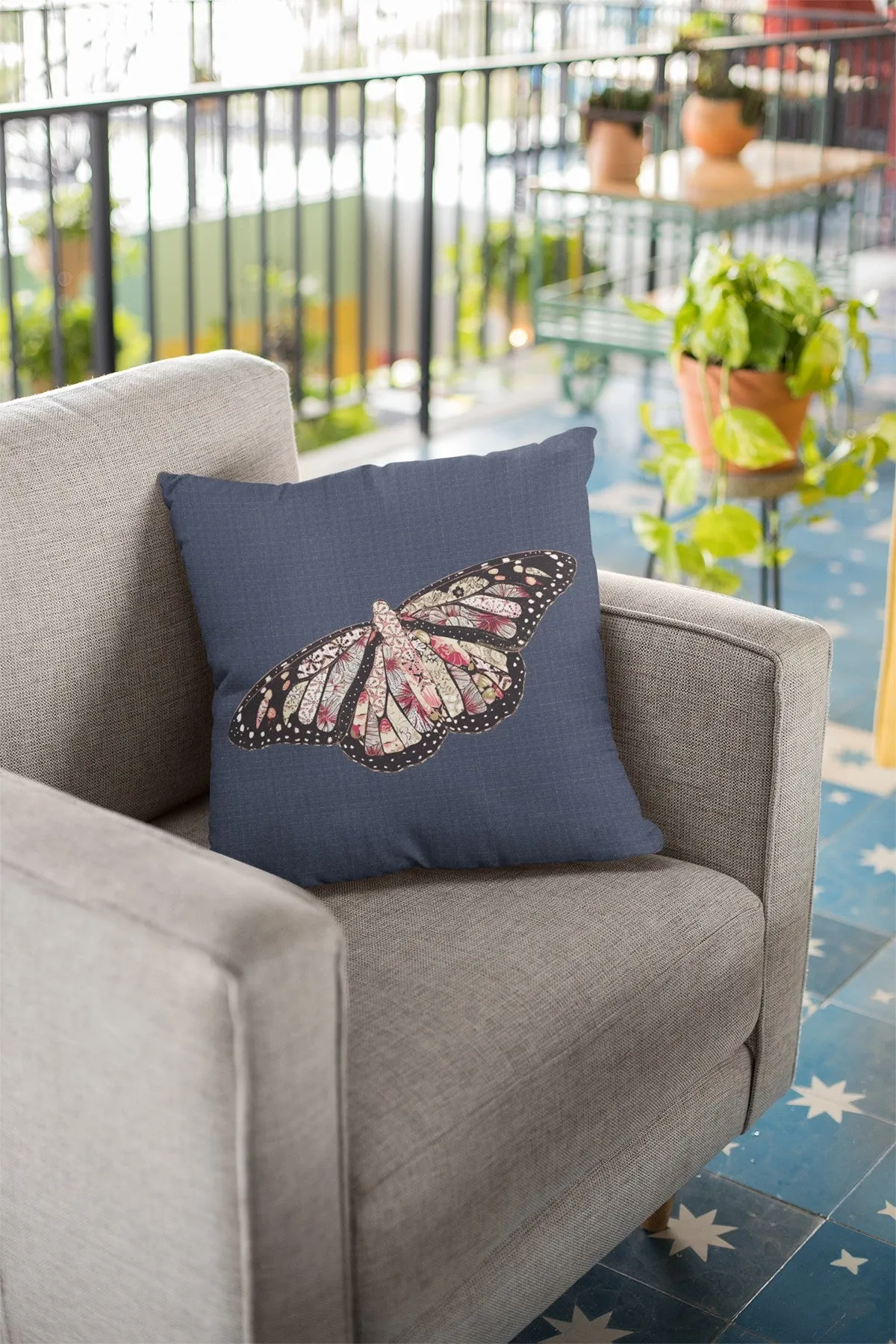 20" Denim Blue Butterfly Indoor Outdoor Throw Pillow