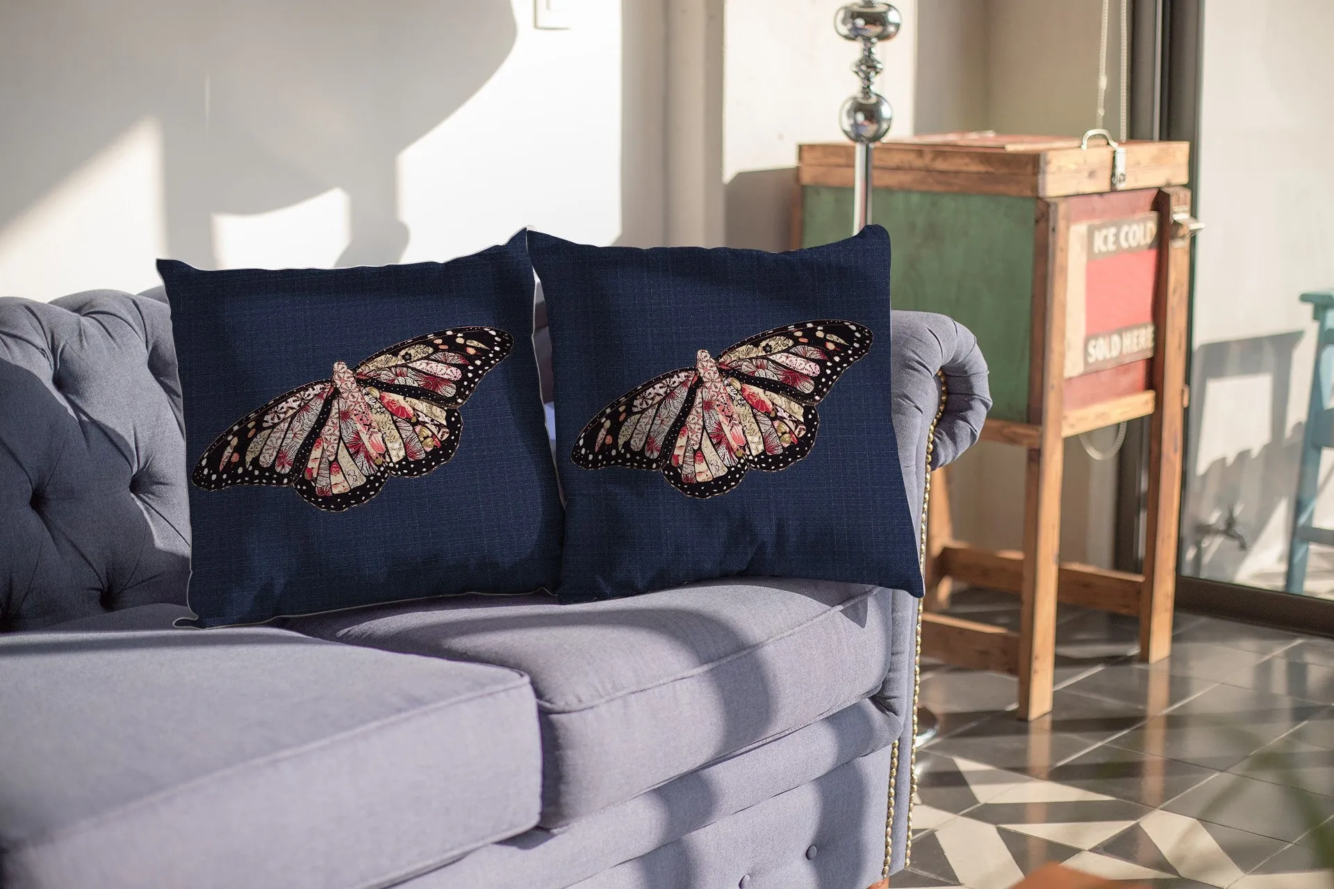 20" Denim Blue Butterfly Suede Throw Pillow