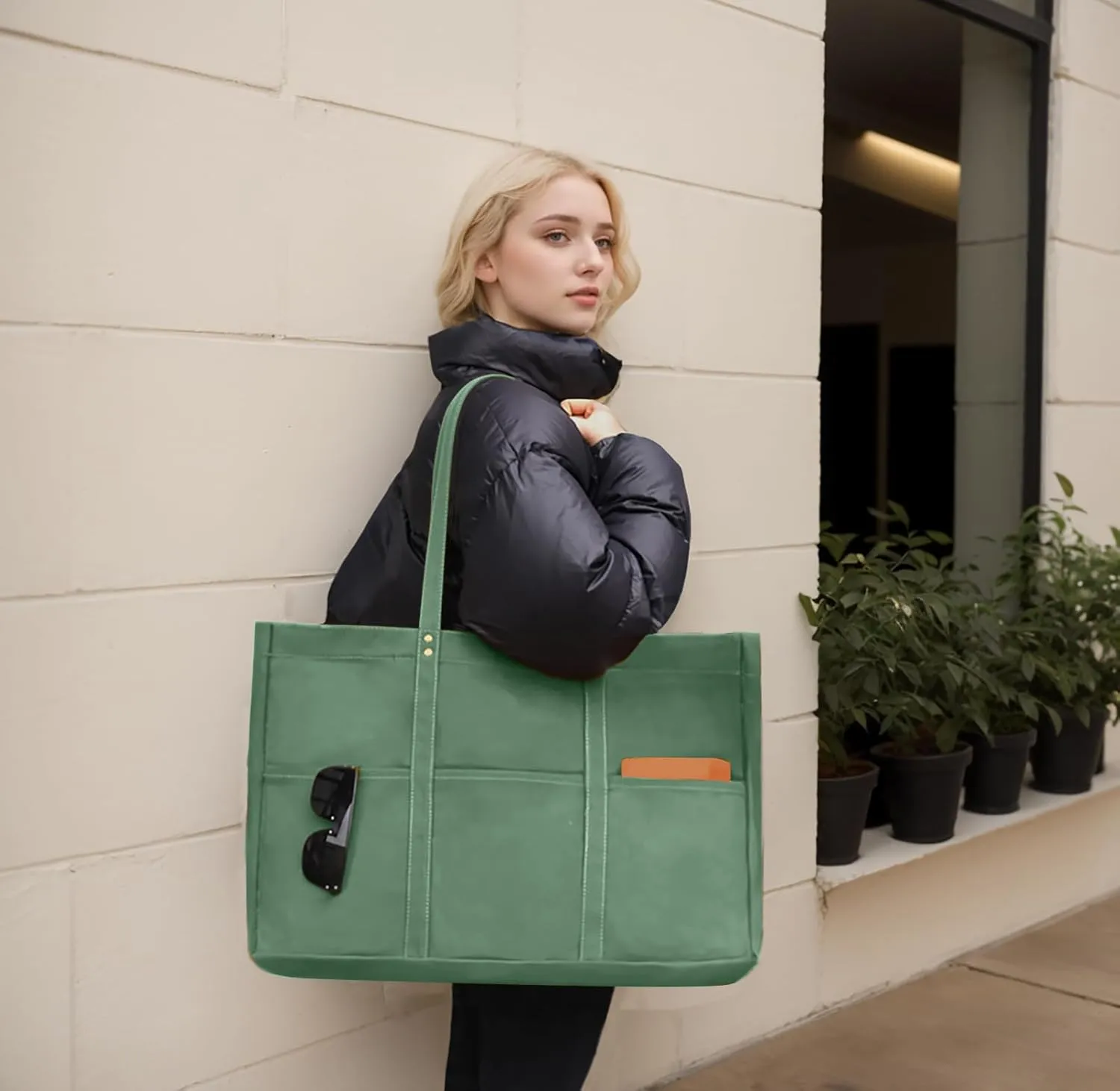 21.6" Large Canvas Tote Bag for Women with Multi-pockets and Laptop Sleeve Utility Tote Bag Big Everything Bags