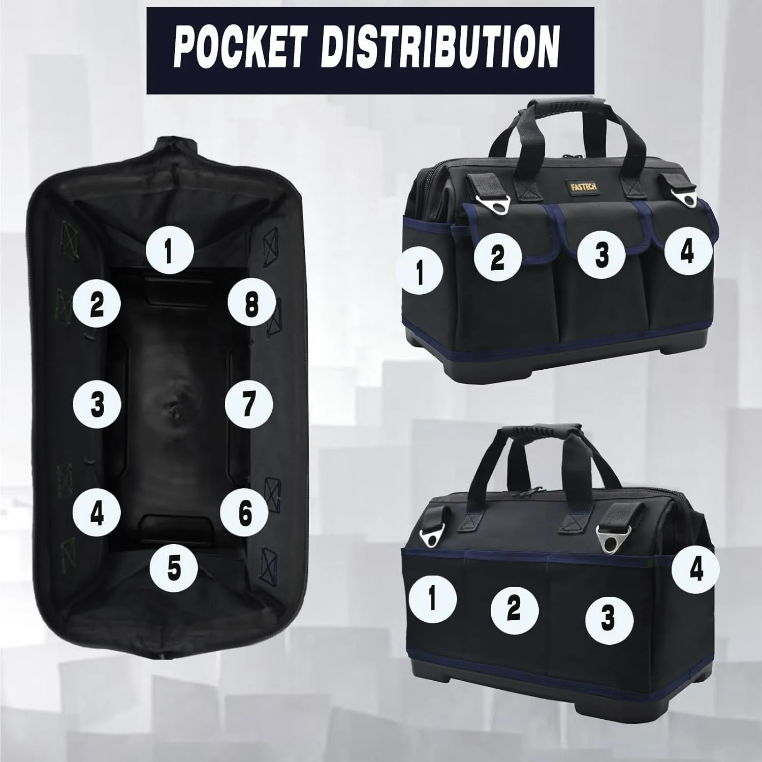 22 Inch Tool Bag, Waterproof Wide Mouth Tool Kit, Heavy Duty Tool Bag Organizer With Shoulder Straps and Molded Base, Tool Storage Package For Screwdrivers, Pliers, Nut Drivers (DarkBlue22IN)