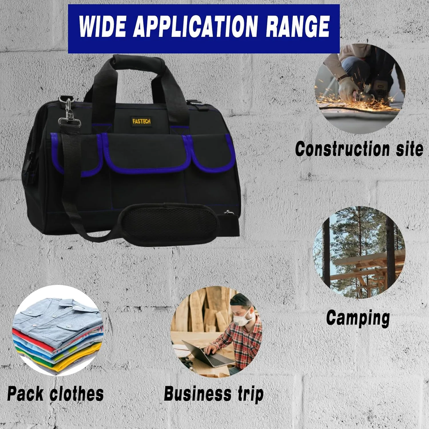 22 Inch Tools Bag, Waterproof Wide Mouth Tool Kit, Tools Big Bag, Heavy Duty Tool Tote Organizer With Adjustable Shoulder Strap For Men/Women (22IN Blue)