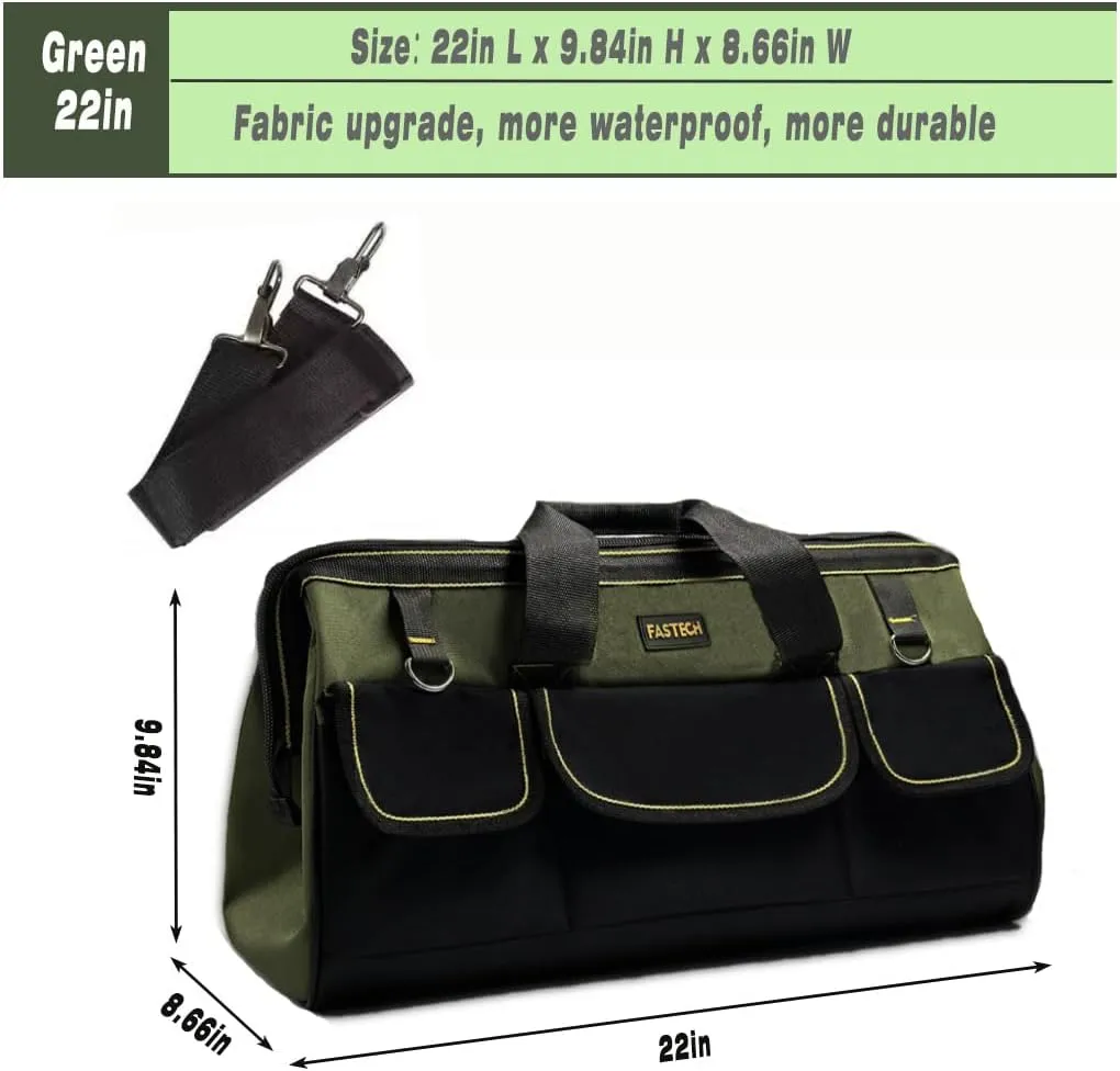 22-inch Wide Mouth Tool Bag with Water Proof Molded Base, Wide Mouth Tool Tote Bag, Waterproof Tool Organizer Bag for Men with Adjustable Shoulder Strap(No Bottom Shell)
