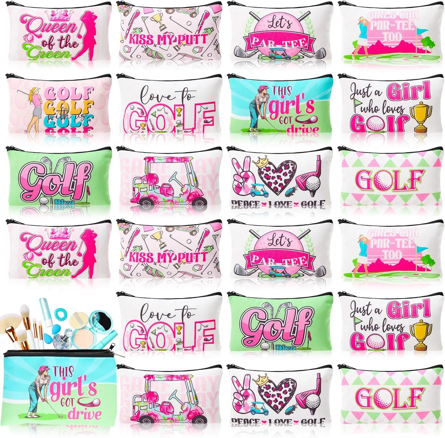 24 Pieces Golf Makeup Bags Bulk Golfers Canvas Cosmetic Gift Bags Purse Organizer Zipper Cosmetic Pouch Portable Travel Toiletry Pouch for Women Men Gifts, 7 x 4 Inch