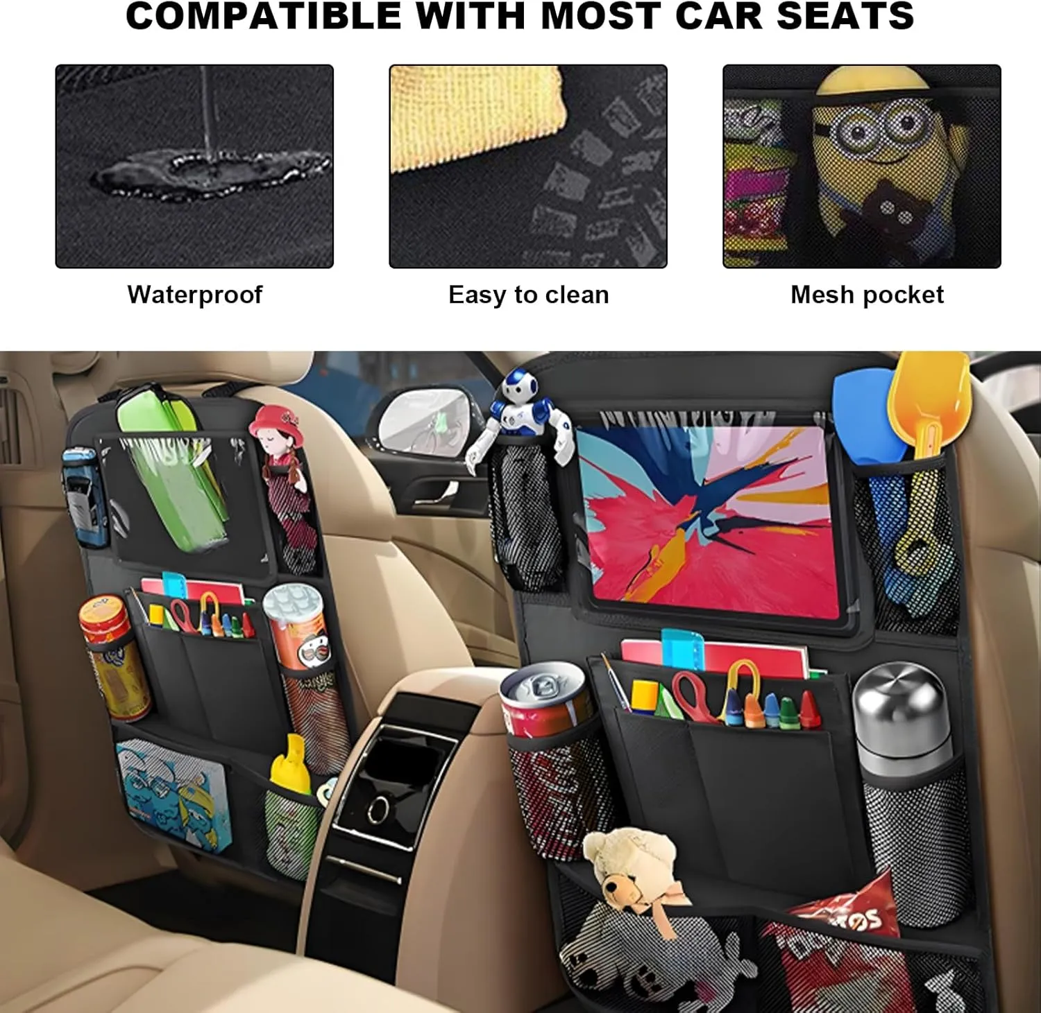 2PCS Car Backseat Organizer, Oxford Car Back Seat Protecter Kick Mat with Touch Screen Tablet Holder, Waterproof Automotive Seatback Storage Bag with Multi Functional Pockets (Regular Style)