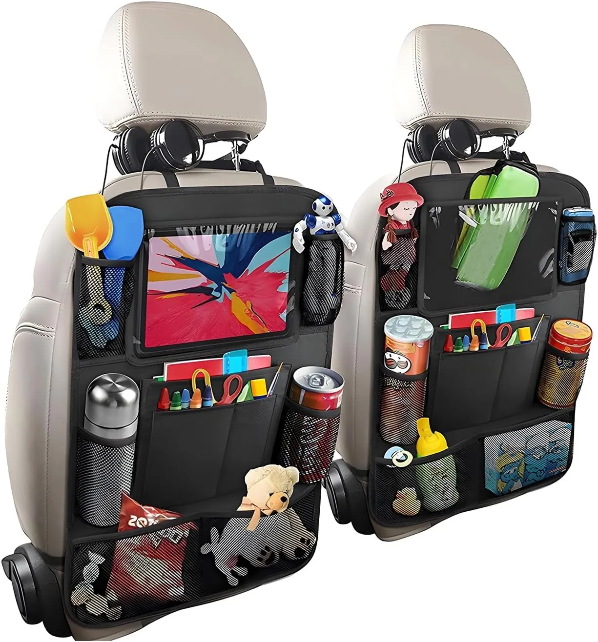 2PCS Car Backseat Organizer, Oxford Car Back Seat Protecter Kick Mat with Touch Screen Tablet Holder, Waterproof Automotive Seatback Storage Bag with Multi Functional Pockets (Regular Style)