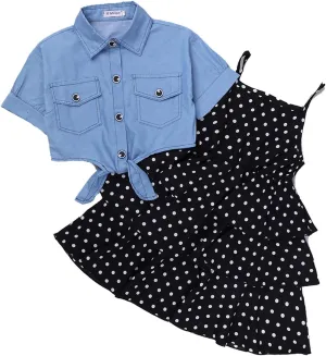 3-9T School Girls Cool Denim Slip Layered Dress Girls' Polka Dot Sling Skirt   Short Sleeve Denim Jacket Set