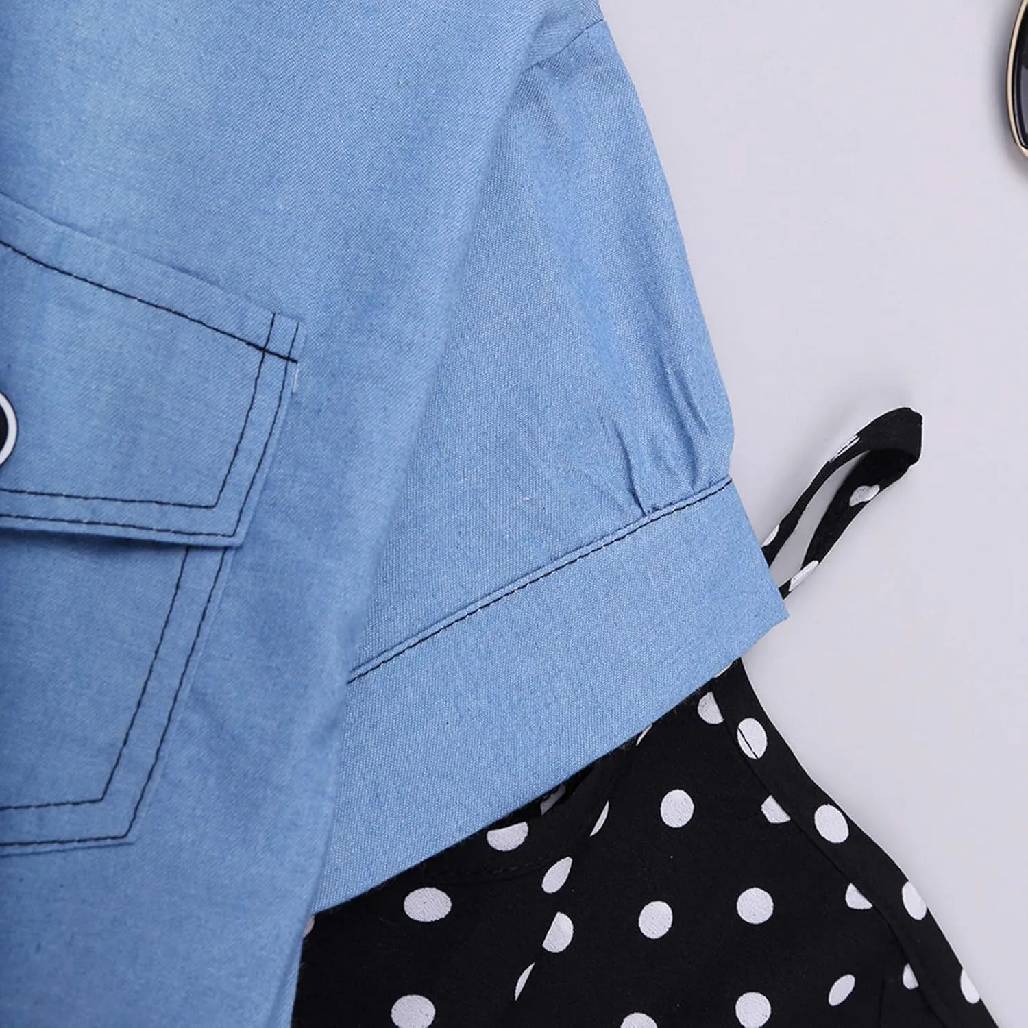 3-9T School Girls Cool Denim Slip Layered Dress Girls' Polka Dot Sling Skirt   Short Sleeve Denim Jacket Set