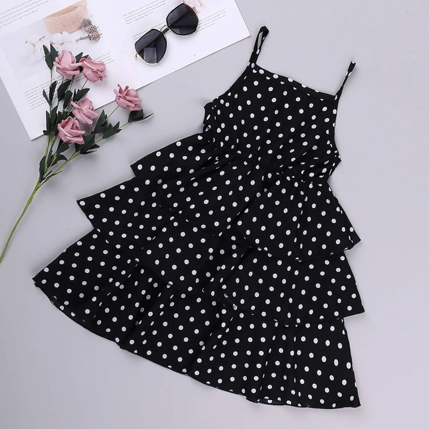 3-9T School Girls Cool Denim Slip Layered Dress Girls' Polka Dot Sling Skirt   Short Sleeve Denim Jacket Set