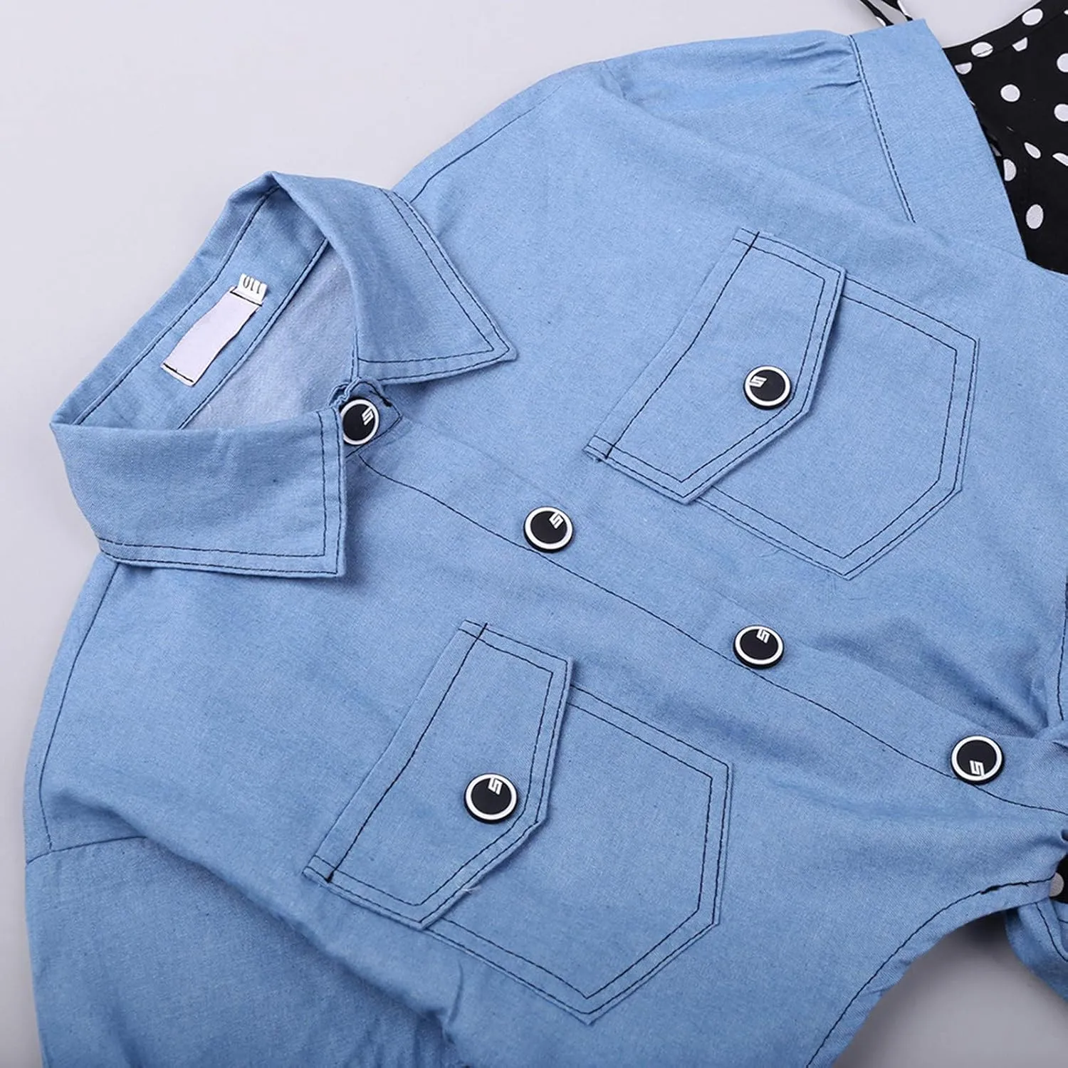 3-9T School Girls Cool Denim Slip Layered Dress Girls' Polka Dot Sling Skirt   Short Sleeve Denim Jacket Set