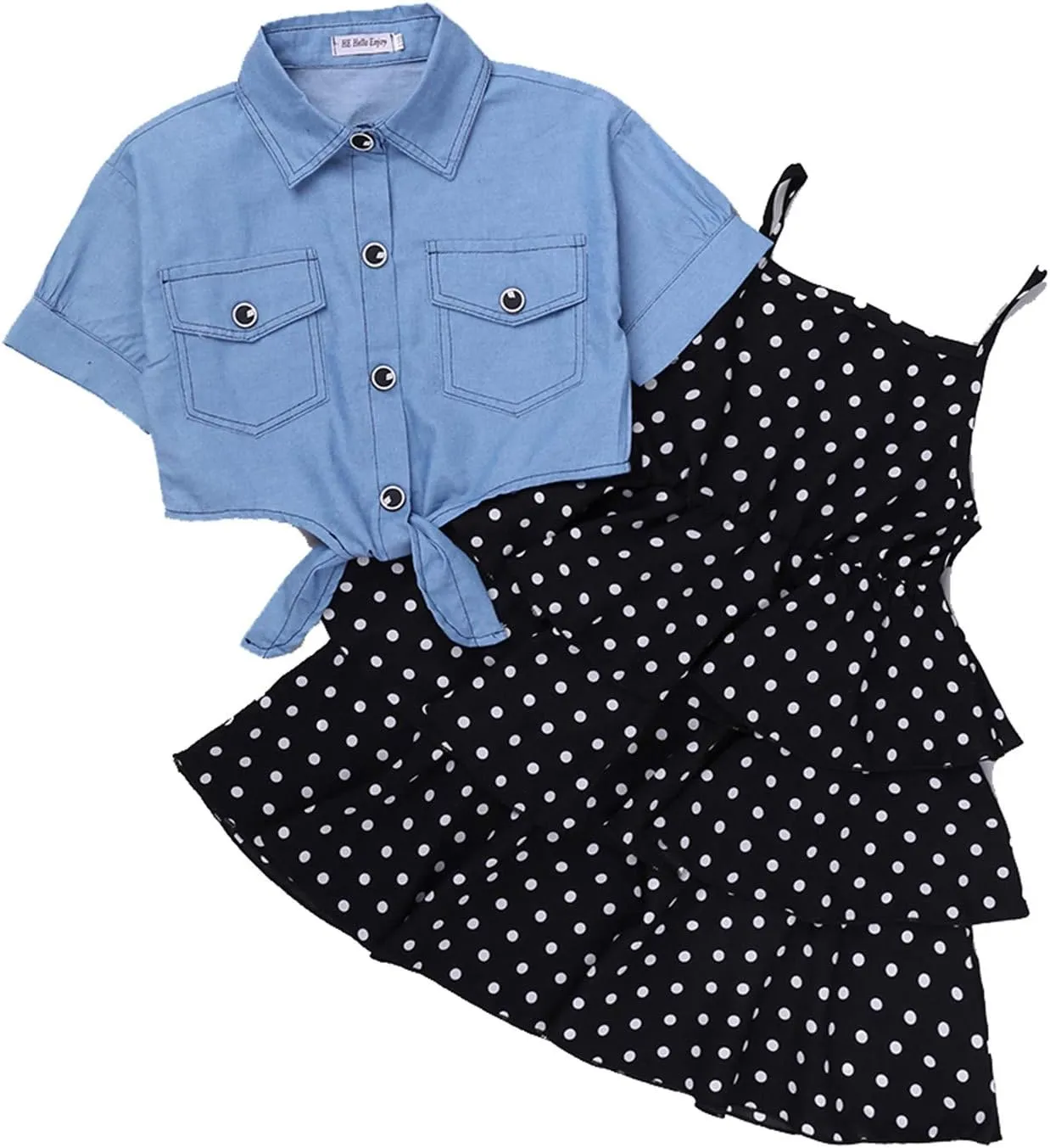 3-9T School Girls Cool Denim Slip Layered Dress Girls' Polka Dot Sling Skirt   Short Sleeve Denim Jacket Set