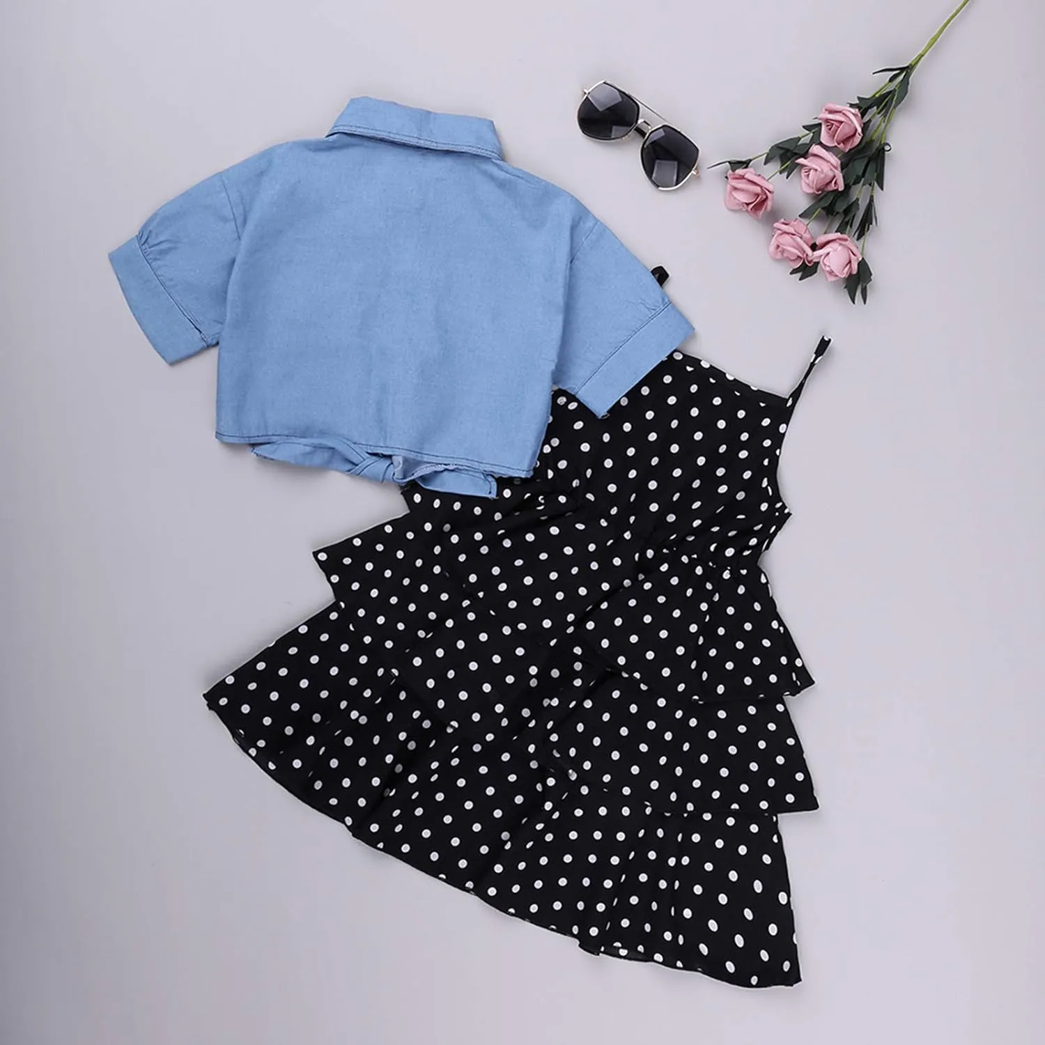 3-9T School Girls Cool Denim Slip Layered Dress Girls' Polka Dot Sling Skirt   Short Sleeve Denim Jacket Set