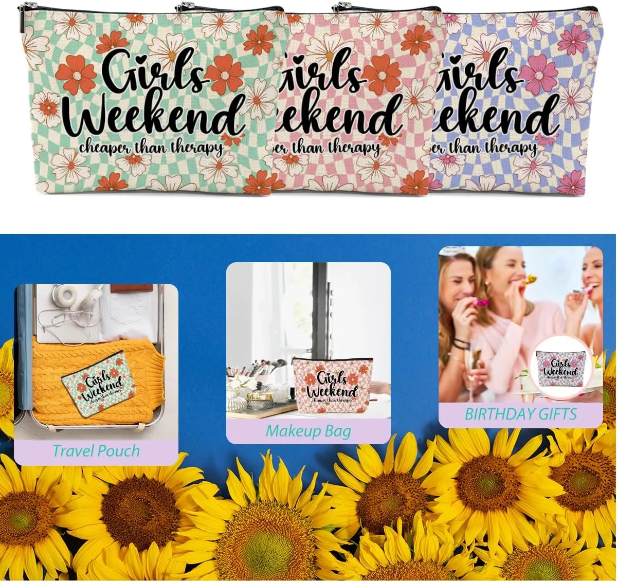 3 Pcs Funny Girls Weekend Gifts Girls Trip 2025 Makeup Bag Cosmetic Case Multicolor Waterproof Cotton and Linen Toiletry Makeup Travel Bag