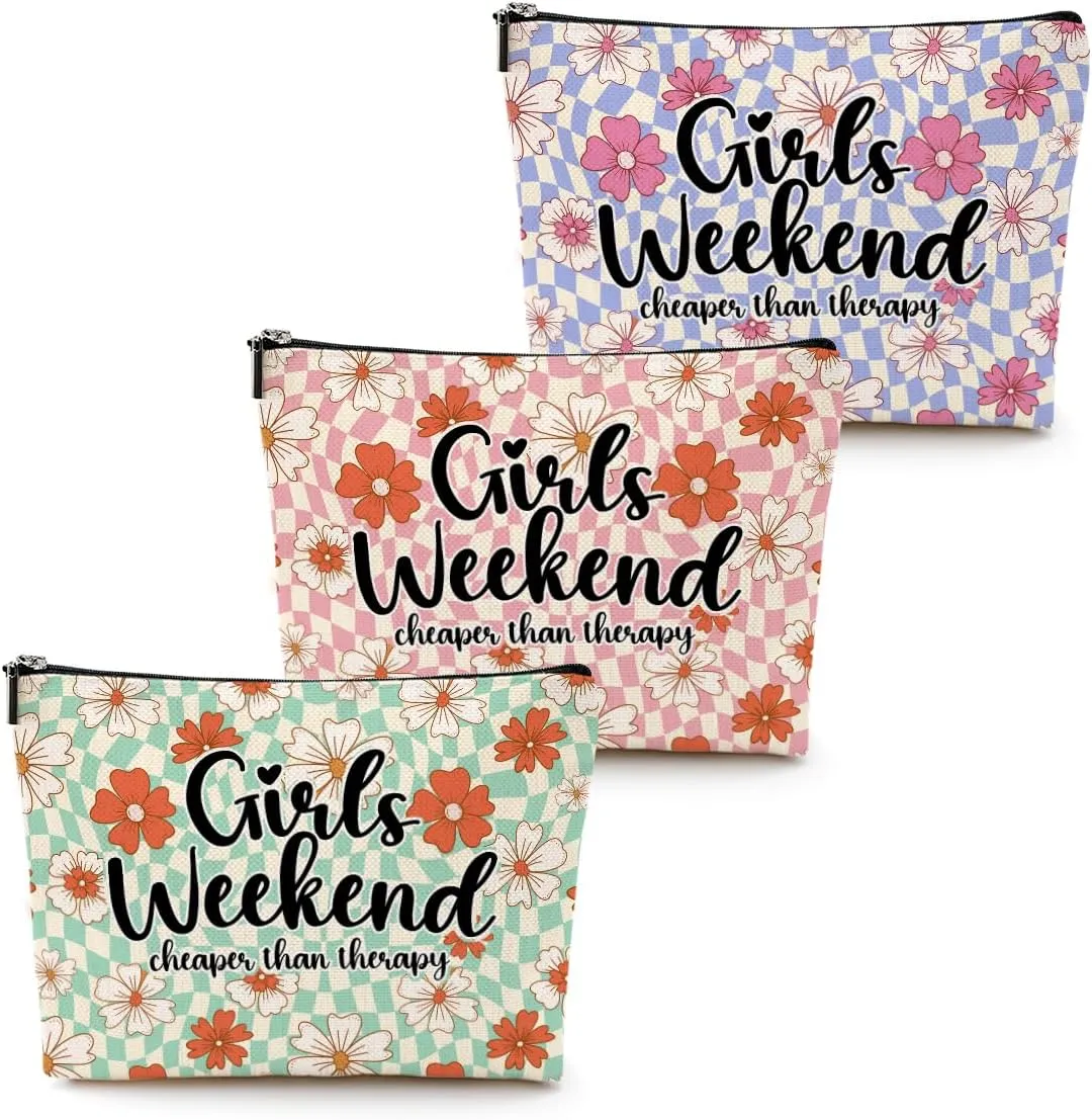 3 Pcs Funny Girls Weekend Gifts Girls Trip 2025 Makeup Bag Cosmetic Case Multicolor Waterproof Cotton and Linen Toiletry Makeup Travel Bag